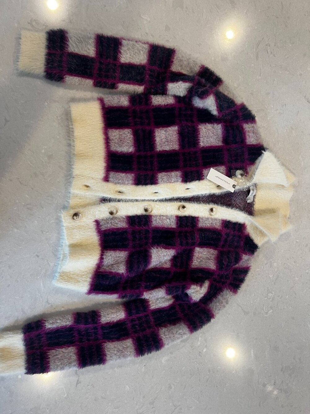 GREYLIN Anthropologie Fuzzy Plaid Cardigan Purple Cream Size M NWT